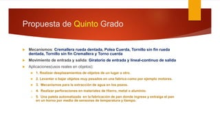 Propuesta de Quinto Grado
 Mecanismos: Cremallera rueda dentada, Polea Cuerda, Tornillo sin fin rueda
dentada, Tornillo sin fin Cremallera y Torno cuerda
 Movimiento de entrada y salida: Giratorio de entrada y lineal-continuo de salida
 Aplicaciones(usos reales en objetos):
 1. Realizar desplazamientos de objetos de un lugar a otro.
 2. Levantar o bajar objetos muy pesados en una fabrica como por ejemplo motores.
 3. Mecanismos para la extracción de agua en los pozos.
 4. Realizar perforaciones en materiales de Hierro, metal o aluminio.
 5. Una paleta automatizada en la fabricación de pan donde ingrese y extraiga el pan
en un horno por medio de sensores de temperatura y tiempo.
 