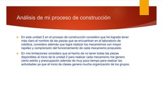 Análisis de mi proceso de construcción
 En esta unidad 2 en el proceso de construcción considero que he logrado tener
más claro el nombre de las piezas que se encuentran en el laboratorio de
robótica, considero además que logre realizar los mecanismos con mayor
rapidez y comprensión del funcionamiento de cada mecanismo propuesto.
 En mis limitaciones considero que el hecho de no tener todas las piezas
disponibles al inicio de la unidad 2 para realizar cada mecanismo me genero
cierto estrés y preocupación además de muy poco tiempo para realizar las
actividades ya que el inicio de clases genera mucha organización de los grupos.
 