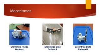 Mecanismos
Cremallera Rueda
Dentada
Excentrica Biela
Embolo A
Excentrica Biela
Embolo B
 