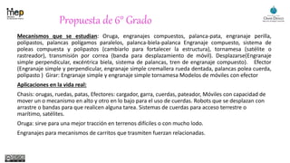 Propuesta de 6° Grado
Mecanismos que se estudian: Oruga, engranajes compuestos, palanca-pata, engranaje perilla,
polipastos, palancas polígamos paralelos, palanca-biela-palanca Engranaje compuesto, sistema de
poleas compuesta y polipastos (cambiarlo para fortalecer la estructura), tornamesa (satélite o
rastreador), transmisión por correa (banda para desplazamiento de móvil). Desplazarse(Engranaje
simple perpendicular, excéntrica biela, sistema de palancas, tren de engranaje compuesto). Efector
(Engranaje simple y perpendicular, engranaje simple cremallera rueda dentada, palancas polea cuerda,
polipasto ) Girar: Engranaje simple y engranaje simple tornamesa Modelos de móviles con efector
Aplicaciones en la vida real:
Chasis: orugas, ruedas, patas, Efectores: cargador, garra, cuerdas, pateador, Móviles con capacidad de
mover un o mecanismo en alto y otro en lo bajo para el uso de cuerdas. Robots que se desplazan con
arrastre o bandas para que realicen alguna tarea. Sistemas de cuerdas para acceso terrestre o
marítimo, satélites.
Oruga: sirve para una mejor tracción en terrenos difíciles o con mucho lodo.
Engranajes para mecanismos de carritos que trasmiten fuerzan relacionadas.
 
