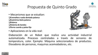 Propuesta de Quinto Grado
• Mecanismos que se estudian:
Cremallera rueda dentada palanca
Excéntrica biela palanca
Palanca
Sistema de bandas
Torno cuerda y polea fija
• Aplicaciones en la vida real:
Elaboración de un Robot que realice una actividad industrial
automatizada. Procesos controlados a través de sensores de
temperatura, color. Ejemplo: Máquina seleccionadora de productos.
Elevadores de personas, maquinas acomodadoras, etc.
 