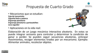 Propuesta de Cuarto Grado
• Mecanismos que se estudian:
Caja de transmisión
Cigueñal biela y palanca
Engranaje planetario
Engranaje planetario y portasatelites
Leva seguidor
• Aplicaciones en la vida real:
Elaboración de un juego mecánico interactivo aleatorio. En estos se
puede integrar sensores para controlar y determinar la condición de
ganar o perder. Se pueden seguir secuencias aleatorias, anticipar
movimientos, recoger elementos tirados por un mecanismo. Ejemplo:
Alimentar animales, recolectar objetos.
 