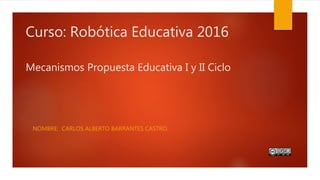 Curso: Robótica Educativa 2016
Mecanismos Propuesta Educativa I y II Ciclo
NOMBRE: CARLOS ALBERTO BARRANTES CASTRO.
 