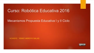 Curso: Robótica Educativa 2016
Mecanismos Propuesta Educativa I y II Ciclo
NOMBRE: YENSY ARROYO SALAS
 