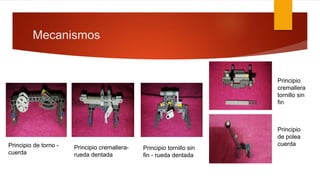 Mecanismos
Principio de torno -
cuerda
Principio cremallera-
rueda dentada
Principio tornillo sin
fin - rueda dentada
Principio
cremallera
tornillo sin
fin
Principio
de polea
cuerda
 