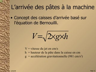 L’arrivée des pâtes à la machine Concept des caisses d’arrivée basé sur l’équation de Bernouilli. V = vitesse du jet en cm/s h  = hauteur de la pâte dans la caisse en cm g  = accélération gravitationnelle (981 cm/s 2 ) 