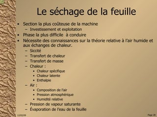 Le séchage de la feuille Section la plus coûteuse de la machine Investissement et exploitation Phase la plus difficile  à conduire Nécessite des connaissances sur la théorie relative à l’air humide et aux échanges de chaleur. Siccité Transfert de chaleur Transfert de masse Chaleur : Chaleur spécifique Chaleur latente Enthalpie Air : Composition de l’air Pression atmosphérique Humidité relative Pression de vapeur saturante Évaporation de l’eau de la feuille 