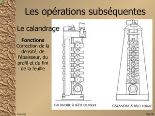 Les opérations subséquentes Le calandrage Fonctions Correction de la densité, de l’épaisseur, du profil et du fini de la feuille 