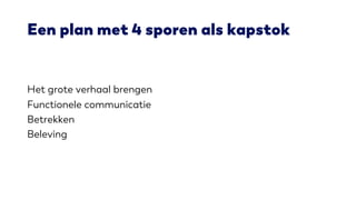 Een plan met 4 sporen als kapstok
Het grote verhaal brengen
Functionele communicatie
Betrekken
Beleving
 