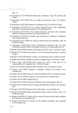 M a c h u c a
172
Pág. 7A
El Espectador (11/11/1998) Del Johnny Kay a Machuca, Pág. 9A, (Archivo del
Cinep).
El Espectador (14/11/1998) Eln, con cargo de conciencia, Pág.. 9A (Archivo
Cinep)
El Espectador (14/02/2001) Masacre en Machuca, Pág. 5A (Archivo Cinep)
El Espectador (12/12/2013) Con consulta popular buscan evitar explotación
petrolera en Tauramena (Casanare) www.espectador.com
El Espectador (03/11/2015) Iván Cepeda denuncia convenios entre empresas
mineras y batallones militares www.elespectador.com
El Espectador (17/04/2012) Abatido autor material de la Masacre de Machuca
www.elespectador.com
El Espectador (24/11/1998) Eln anuncia indemnización por Machuca, Pág. 6A
(Archivo Cinep).
El Espectador (25/05/2016) Corte Constitucional determinó que los entes
territoriales podrán prohibir actividades mineras www.elespectador.com.co
El Mundo (20/10/1998) Editorial: Contumacia del ELN, Pág. 3. (Archivo Cinep).
El Mundo (21/10/1998) Crimen debe ir a la Corte Internacional, Pág. 9 (Archivo
Cinep).
El Mundo (17/08/1999) Perdón, olvido y reconciliación, Pág. 6 (Archivo Cinep)
El Mundo (20/10/2005) Machuca recordó su tragedia, Pág. A7 (Archivo Cinep).
El Nuevo Siglo (20/10/1998) ELN acepta que voló el ‘tubo’ pero no se
responsabiliza de la tragedia, Pág. 7 (Archivo Cinep).
El País (19/10/1998) El fuego destruyó Machuca, Pág. 2A (Archivo Cinep).
El Tiempo (22/11/1992) Atentado a oleoducto: Mueren dos heridos, www.
eltiempo.com
El Tiempo (20/10/1998) Adiós a los niños de Machuca, Pág. 6A (Archivo Cinep).
El Tiempo (20/10/1998) Es urgente crear comisión de la verdad, Pág. 4ª
El Tiempo (20/10/1998) Condena Pág. 6ª
El Tiempo (22/10/1998) Víctimas de Machuca serán indemnizados, Pág. 48
El Tiempo (03/12/1998) Alerta por riesgos del Oleoducto Central, www.eltiempo.
com
El Tiempo (11/07/2001) Masacre Para en Remedios, www.eltiempo.com
El Tiempo (21/09/2002) Dudan de operación militar contra los ‘paras’, Pág. 1-22
(Archivo Cinep).
El Tiempo (25/06/2015) ‘Ataque de Farc causó en Tumaco el peor daño ecológico
de la década’ www.eltiempo.com
El Tiempo (15/07/2015) El ‘dossier’ de los crímenes ecológicos de la guerrilla
www.eltiempo.com
 