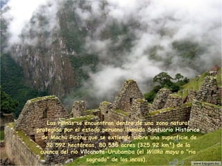 Las  ruinas  se encuentran dentro de una zona natural protegida por el estado peruano llamada  Santuario Histórico  de Machu Picchu  que se extiende sobre una superficie de 32.592 hectáreas, 80,535 acres (325.92 km²) de la cuenca del río  Vilcanota -Urubamba (el  Willka mayu  o "rio sagrado" de los  incas ).  