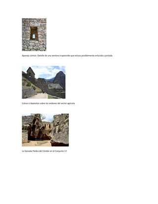 Aparejo común. Detalle de una ventana trapezoide que estuvo posiblemente enlucida y pintada.

Colcas o depósitos sobre los andenes del sector agrícola.

La llamada Piedra del Cóndor en el Conjunto 17.

 