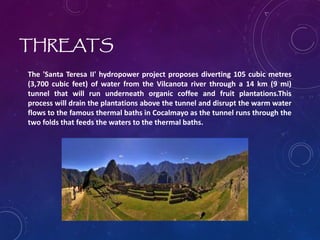 THREATS
The 'Santa Teresa II' hydropower project proposes diverting 105 cubic metres
(3,700 cubic feet) of water from the Vilcanota river through a 14 km (9 mi)
tunnel that will run underneath organic coffee and fruit plantations.This
process will drain the plantations above the tunnel and disrupt the warm water
flows to the famous thermal baths in Cocalmayo as the tunnel runs through the
two folds that feeds the waters to the thermal baths.
 
