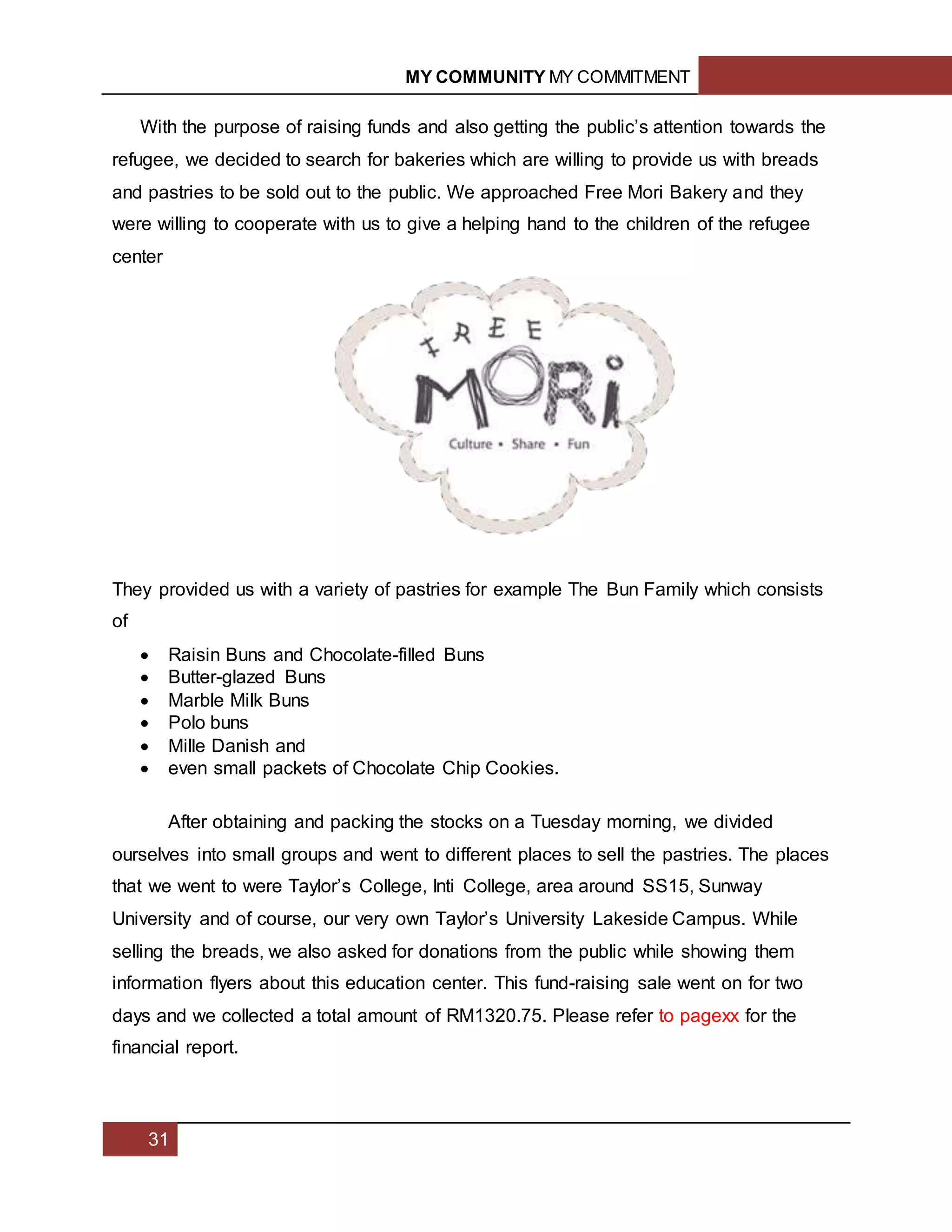 MY COMMUNITY MY COMMITMENT
31
With the purpose of raising funds and also getting the public’s attention towards the
refugee, we decided to search for bakeries which are willing to provide us with breads
and pastries to be sold out to the public. We approached Free Mori Bakery and they
were willing to cooperate with us to give a helping hand to the children of the refugee
center
They provided us with a variety of pastries for example The Bun Family which consists
of
 Raisin Buns and Chocolate-filled Buns
 Butter-glazed Buns
 Marble Milk Buns
 Polo buns
 Mille Danish and
 even small packets of Chocolate Chip Cookies.
After obtaining and packing the stocks on a Tuesday morning, we divided
ourselves into small groups and went to different places to sell the pastries. The places
that we went to were Taylor’s College, Inti College, area around SS15, Sunway
University and of course, our very own Taylor’s University Lakeside Campus. While
selling the breads, we also asked for donations from the public while showing them
information flyers about this education center. This fund-raising sale went on for two
days and we collected a total amount of RM1320.75. Please refer to pagexx for the
financial report.
 