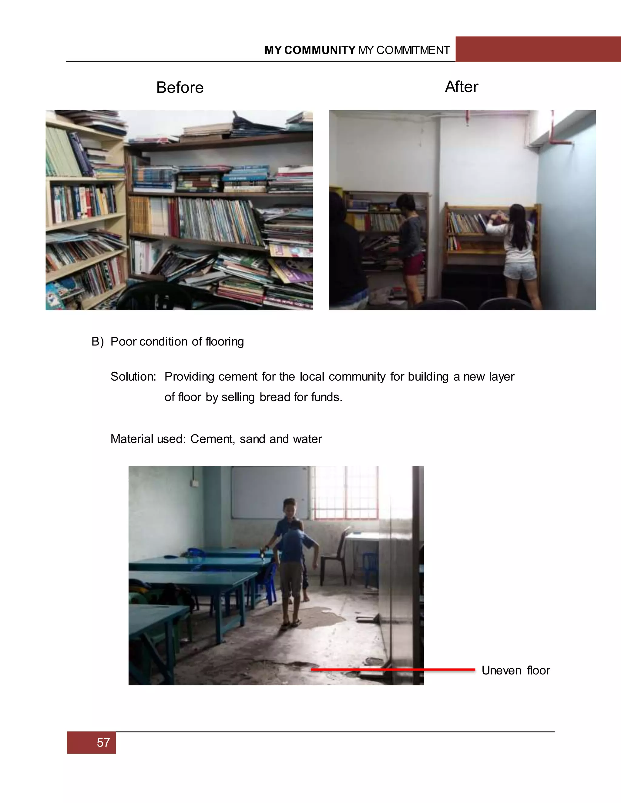 MY COMMUNITY MY COMMITMENT
57
B) Poor condition of flooring
Solution: Providing cement for the local community for building a new layer
of floor by selling bread for funds.
Material used: Cement, sand and water
Uneven floor
Before After
 