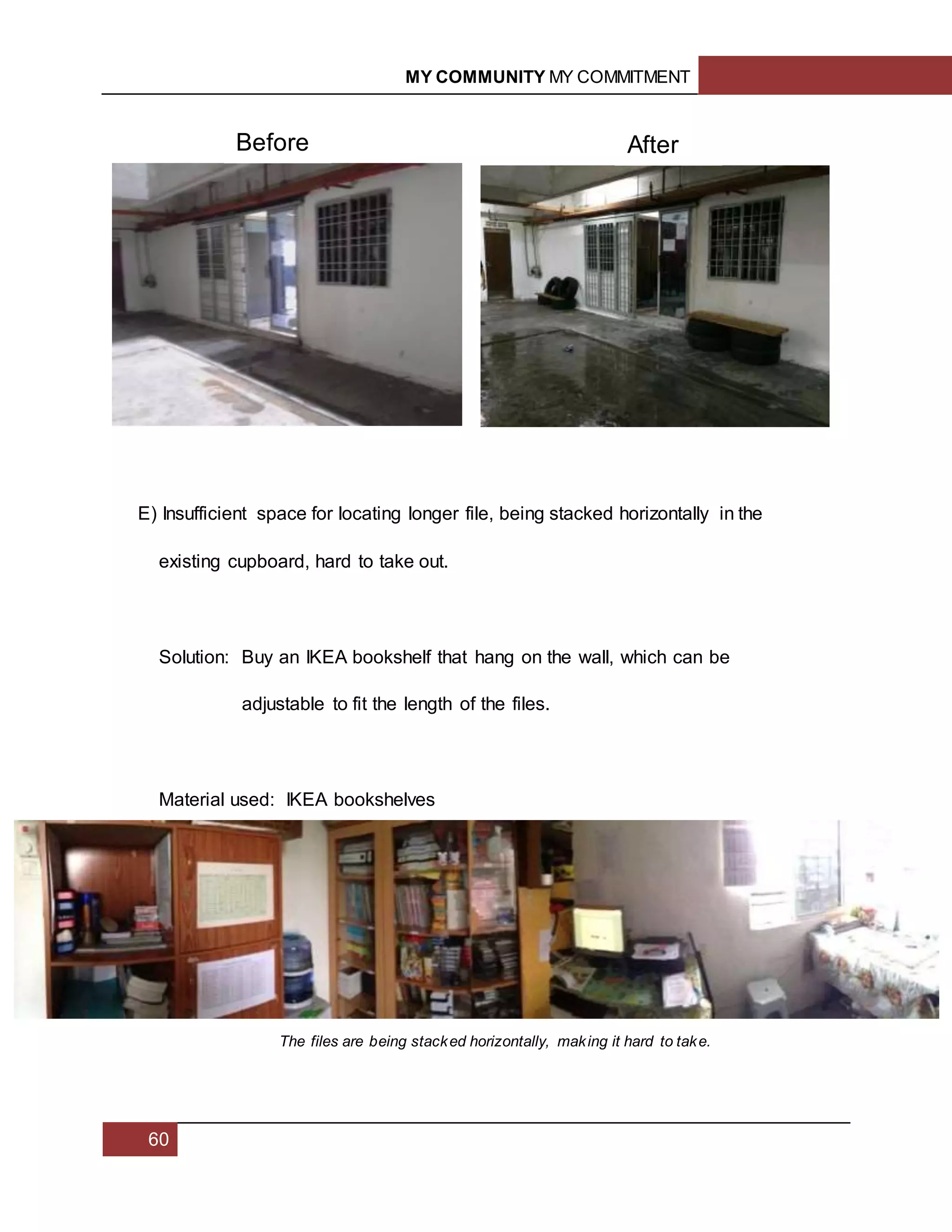 MY COMMUNITY MY COMMITMENT
60
E) Insufficient space for locating longer file, being stacked horizontally in the
existing cupboard, hard to take out.
Solution: Buy an IKEA bookshelf that hang on the wall, which can be
adjustable to fit the length of the files.
Material used: IKEA bookshelves
The files are being stacked horizontally, making it hard to take.
Before After
 