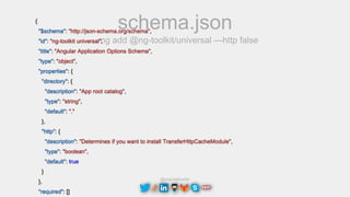 @maciejtreder
schema.json{
"$schema": "http://json-schema.org/schema",
"id": "ng-toolkit universal",
"title": "Angular Application Options Schema",
"type": "object",
"properties": {
"directory": {
"description": "App root catalog",
"type": "string",
"default": "."
},
"http": {
"description": "Determines if you want to install TransferHttpCacheModule",
"type": "boolean",
"default": true
}
},
"required": []
ng add @ng-toolkit/universal —http false
 