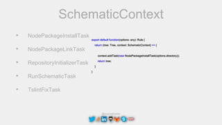 @maciejtreder
SchematicContext
export default function(options: any): Rule {
return (tree: Tree, context: SchematicContext) => {
context.addTask(new NodePackageInstallTask(options.directory));
return tree;
}
}
• NodePackageInstallTask
• NodePackageLinkTask
• RepositoryInitializerTask
• RunSchematicTask
• TslintFixTask
 