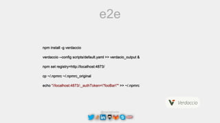 @maciejtreder
e2e
npm install -g verdaccio
verdaccio --config scripts/default.yaml >> verdacio_output &
npm set registry=http://localhost:4873/
cp ~/.npmrc ~/.npmrc_original
echo "//localhost:4873/:_authToken="fooBar"" >> ~/.npmrc
 