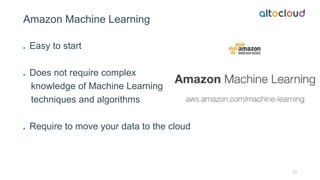 Amazon Machine Learning
Easy to start
Does not require complex
knowledge of Machine Learning
techniques and algorithms
Req...