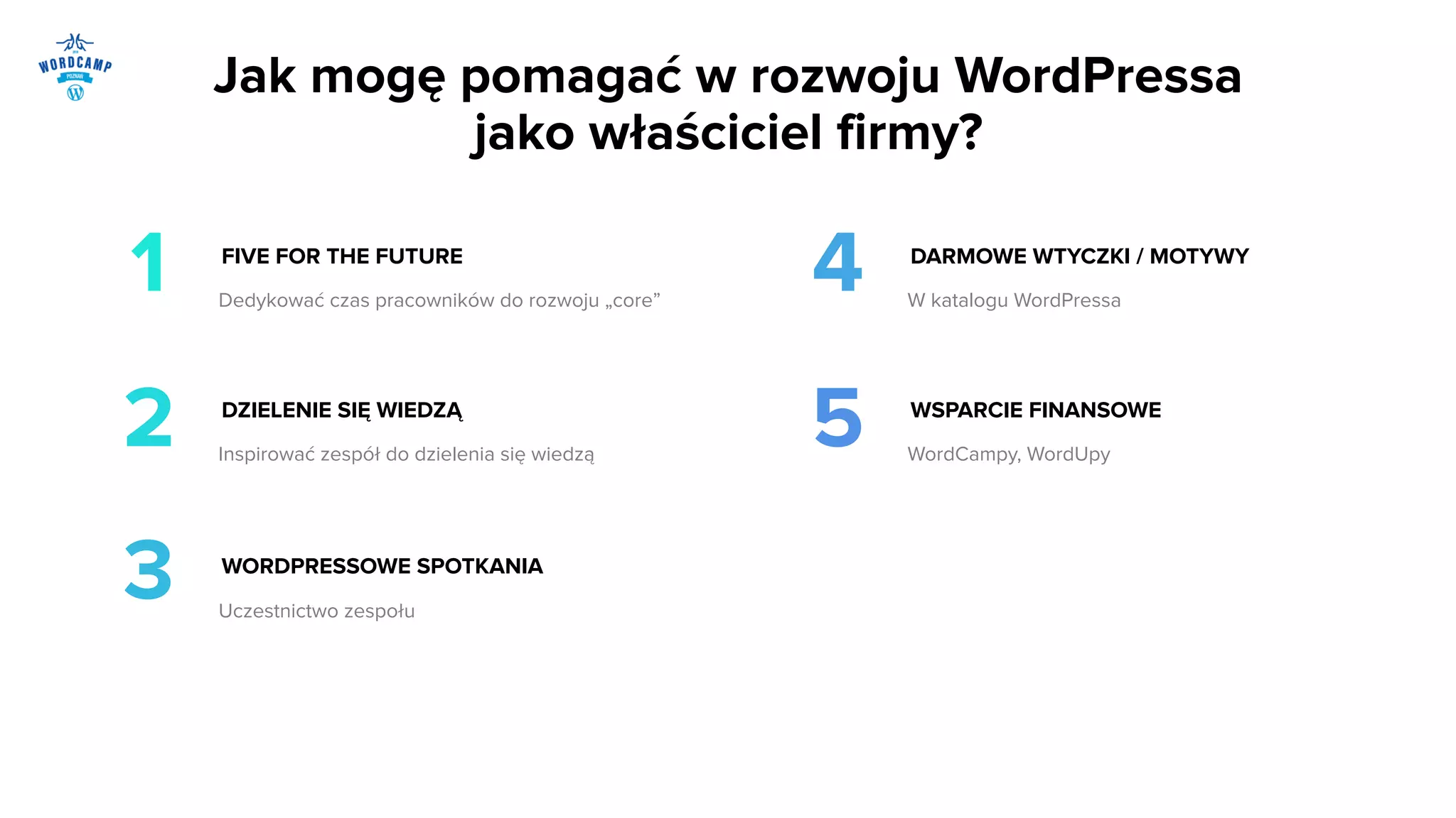 Jak mogę pomagać w rozwoju WordPressa  
jako właściciel firmy?
WSPARCIE FINANSOWE
WordCampy, WordUpy
5
DARMOWE WTYCZKI / MOTYWY
W katalogu WordPressa
4
DZIELENIE SIĘ WIEDZĄ
Inspirować zespół do dzielenia się wiedzą
2
WORDPRESSOWE SPOTKANIA
Uczestnictwo zespołu
3
FIVE FOR THE FUTURE
Dedykować czas pracowników do rozwoju „core”
1
 