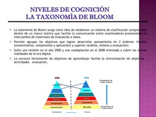 La taxonomía de Bloom surge como idea de establecer un sistema de clasificación comprendido dentro de un marco teórico que facilite la comunicación entre examinadores promoviendo el intercambio de materiales de evaluación e ideas. Permite agrupar los objetivos que logran desarrollar pensamiento en 2 órdenes: Inferior (conocimiento, comprensión y aplicación) y superior (análisis, síntesis y evaluación). Sufre una revisión en el año 2000 y una readaptación en el 2008 orientada a cubrir las nuevas realidades de la era digital. La correcta formulación de objetivos de aprendizaje facilita la sincronización de objetivos – actividades – evaluación.