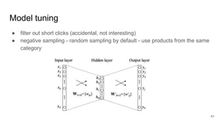 Model tuning
● filter out short clicks (accidental, not interesting)
● negative sampling - random sampling by default - use products from the same
category
43
 