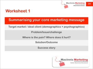 31


Worksheet 1

 Summarising your core marketing message
 Target market / ideal client (demographics + psychographics)

                  Problem/Issue/challenge

            Where is the pain? Where does it hurt?
                      Solution/Outcome

                        Success story
 