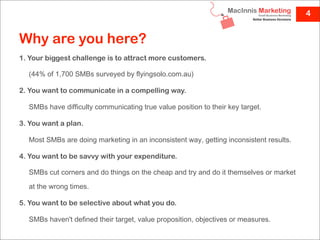 4


Why are you here?
1. Your biggest challenge is to attract more customers.

  (44% of 1,700 SMBs surveyed by flyingsolo.com.au)

2. You want to communicate in a compelling way.

  SMBs have difficulty communicating true value position to their key target.

3. You want a plan.

  Most SMBs are doing marketing in an inconsistent way, getting inconsistent results.

4. You want to be savvy with your expenditure.

  SMBs cut corners and do things on the cheap and try and do it themselves or market

  at the wrong times.

5. You want to be selective about what you do.

  SMBs haven't defined their target, value proposition, objectives or measures.
 