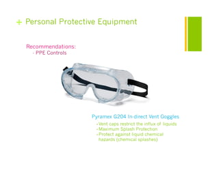 +   Personal Protective Equipment


    Recommendations:
      - PPE Controls




                       Pyramex G204 In-direct Vent Goggles
                        • Vent caps restrict the influx of liquids
                        • Maximum Splash Protection
                        • Protect against liquid chemical
                          hazards (chemical splashes)
 