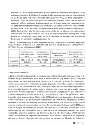23 | P á g i n a
Em toda a ZCI estão representados estes granitos, sendo que Azevedo e Valle Aguado (2013)
analisaram os maciços de Alcafache-Freixiosa e do Dão, que se caracterizam por uma associação
de quartzo (26-32%), feldspato potássico (25-35%), plagioclase An1-28 (25-33%), biotite (4-6%) e
moscovite (2-5%). De uma forma geral não apresentam encraves, embora sejam referidos
ocasionais schlieren biotíticos e de pequenos encraves de origem ígnea e/ou metassedimentar.
As idades determinadas foram realizadas com base no sistema Rb-Sr em rocha total, obtendo-
se idades entre 287 ± 7Ma e 295 ± 10 Ma (Azevedo e Nolan, 1998 in Azevedo e Valle Aguado,
2013). Estes granitos são do tipo peraluminoso, ainda que se observe uma sobreposição
composicional com os granitóides da série iii), o que segundo Azevedo e Valle Aguado (2013)
poderá ser interpretado como estes serem o resultado da evolução por cristalização
fraccionada dos granitóides biotíticos tardi-pós-D3.
Tabela 1. Quadro síntese com as séries de granitos da Zona Centro Ibérica, suas idades e tipo, com
base em datações de Teixeira et al. (2008; ID-TIMS), Dias et al. (2010), Neiva et al. (2011; SHRIMP e
ID-TIMS) e Azevedo e Valle Aguado (2013).
GRANODIORITOS E
GRANITOS BIOTÍTICOS
SIN-D3
LEUCOGRANITOS E
GRANITOS DE DUAS
MICAS SIN-D3
GRANITOS BIOTÍTICOS
TARDI-PÓS-D3
GRANITOS BIOTÍTICO-
MOSCOVÍTICOS TARDI-
PÓS-D3
IDADE (Ma)
311 ± 1; 318 ± 3;
320 ± 2.7
307 ± 0.7; 311;
309 ± 1.8
300 ± 1; 306 ± 9;
302 ± 0.7; 301±2.2
287 ± 7; 295 ± 10;
297 ± 3.1; 293 ± 5
GEOQUÍMICA TIPO S TIPO S TIPO I TIPO I
2.3 EVENTOS METAMÓRFICOS
A Zona Centro Ibérica compreende domínios de grau metamórfico muito distinto, podendo ir de
unidades de grau metamórfico muito baixo a médio e elevado (e.g. Ferreira et al., 2010). Em
determinados sectores, essencialmente centro-norte e associado a zonas de cisalhamento,
observa-se uma zonalidade metamórfica prógrada, de pressão intermédia do tipo barroviano (Valle
Aguado et al., 1993; Dallmeyer et al. 1997; Ábalos et al., 2002) que terá tido começo logo durante a
D1 e culminado durante a D2. Alguns autores integram este evento num generalizado colapso
gravitacional durante um período de tectónica extensional, em condições de alto grau metamórfico
a relativa baixa pressão (Escuder Viruete et al., 1995; Ábalos et al., 2002; Valle Aguado et al., 2005).
Esta visão não é unânime, já que Ribeiro et al. (1990) defendem que as estruturas de cinemática
normal verificadas na ZCI se restringem essencialmente ao sector Norte, interpretando-as como
resultado da tectónica compressiva, síncrona do empilhamento dos mantos na ZGTM, que dá
origem a uma tectónica extensional na sua frente. No entanto, Valverde-Vaquero et al. (2006), com
base em datações de monazites do Antiforma de Lumbrales (≈314-316 Ma), apontam para o não
sincronismo do pico metamórfico com a segunda fase de deformação regional, mas antes
associando a anatexia e plutonismo ao dobramento durante a D3. Ribeiro et al. (2009) discutem
ainda a possibilidade dos migmatitos resultarem da fusão de soco Cadomiano e das sequências
paleozóicas, durante a fase extensiva que perdurou na passagem do Câmbrico ao Ordovícico,
 
