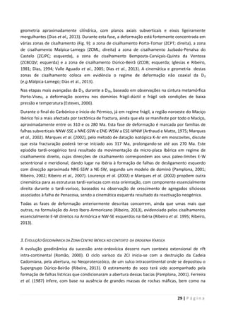 29 | P á g i n a
geometria aproximadamente cilíndrica, com planos axiais subverticais e eixos ligeiramente
mergulhantes (Dias et al., 2013). Durante esta fase, a deformação está fortemente concentrada em
várias zonas de cisalhamento (Fig. 9): a zona de cisalhamento Porto-Tomar (ZCPT; direita), a zona
de cisalhamento Malpica-Lamego (ZCML; direita) a zona de cisalhamento Juzbado-Penalva do
Castelo (ZCJPC; esquerda), a zona de cisalhamento Bemposta-Carviçais-Quinta da Ventosa
(ZCBCQV; esquerda) e a zona de cisalhamento Dúrico-Beirã (ZCDB; esquerda; Iglesias e Ribeiro,
1981; Dias, 1994; Valle Aguado et al., 2005; Dias et al., 2013). A cinemática e geometria destas
zonas de cisalhamento coloca em evidência o regime de deformação não coaxial da D3
(e.g.Malpica-Lamego; Dias et al., 2013).
Nas etapas mais avançadas da D3, durante a D3b, baseado em observações na cintura metamórfica
Porto-Viseu, a deformação ocorreu nos domínios frágil-dúctil e frágil sob condições de baixa
pressão e temperatura (Esteves, 2006).
Durante o final do Carbónico e ínicio do Pérmico, já em regime frágil, a região noroeste do Maciço
Ibérico foi a mais afectada por tectónica de fractura, ainda que ela se manifeste por todo o Maciço,
aproximadamente entre os 310 e os 280 Ma. Esta fase de deformação é marcada por famílias de
falhas subverticais NNW-SSE a NNE-SSW e ENE-WSW a ESE-WNW (Arthaud e Matte, 1975; Marques
et al., 2002). Marques et al. (2002), pelo método de datação isotópica K-Ar em moscovites, discute
que esta fracturação poderá ter-se iniciado aos 317 Ma, prolongando-se até aos 270 Ma. Este
episódio tardi-orogénico terá resultado da movimentação da micro-placa Ibérica em regime de
cisalhamento direito, cujas direcções de cisalhamento correspondem aos seus paleo-limites E-W
setentrional e meridional, dando lugar na Ibéria à formação de falhas de desligamento esquerdo
com direcção aproximada NNE-SSW a NE-SW, segundo um modelo de dominó (Pamplona, 2001;
Ribeiro, 2002; Ribeiro et al., 2007). Lourenço et al. (2002) e Marques et al. (2002) propõem outra
cinemática para as estruturas tardi-variscas com esta orientação, com componente essencialmente
direita durante o tardi-varisco, baseados na observação de crescimento de agregados siliciosos
associados à falha de Penacova, sendo a cinemática esquerda resultado da reactivação neogénica.
Todas as fases de deformação anteriormente descritas concorrem, ainda que umas mais que
outras, na formulação do Arco Ibero-Armoricano (Ribeiro, 2013), evidenciado pelos cisalhamentos
essencialmente E-W direitos na Armórica e NW-SE esquerdos na Ibéria (Ribeiro et al. 1995; Ribeiro,
2013).
3. EVOLUÇÃO GEODINÂMICA DA ZONA CENTRO IBÉRICA NO CONTEXTO DA OROGENIA VARISCA
A evolução geodinâmica da sucessão ante-ordovícica decorre num contexto extensional de rift
intra-continental (Romão, 2000). O ciclo varisco da ZCI inicia-se com a destruição da Cadeia
Cadomiana, pela abertura, no Neoproterozóico, de um sulco intracontinental onde se depositou o
Supergrupo Dúrico-Beirão (Ribeiro, 2013). O estiramento do soco terá sido acompanhado pela
formação de falhas lístricas que condicionaram a abertura dessas bacias (Pamplona, 2001). Ferreira
et al. (1987) infere, com base na ausência de grandes massas de rochas máficas, bem como na
 