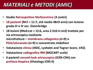 • Studio Retrospettivo Multicentrico (3 centri)
• 18 pazienti (M:F = 11:7, età media 48±9 anni) con lesione
grado III o IV sec. Outerbridge
• 18 lesioni (Med:Lat = 12:6, area 2.5±0.4 cm2) trattate per
via artroscopica mediante
microfratture – membrana collagenica (n=9) o
PGA/ialuronato (n=9) e concentrato midollare
• Valutazione clinica (IKDC, Lysholm and Tegner Score, VAS)
• Valutazione radiografica RM (MOCART scale)
• 6 pazienti second-look artroscopico (ICRS-CRA) con
prelievo bioptico (Histology ICRS II)
MATERIALI e METODI (AMIC)MATERIALI e METODI (AMIC)
 