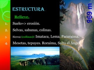 ESTRUCTURA.
      Relieve.
1.   Suelo=> erosión.
2.   Selvas, sabanas, colinas.
3.   Sierras (colinas):   Imataca, Lema, Pacaraima.
4.   Mesetas, tepuyes. Roraima, Salto el Ángel.
 