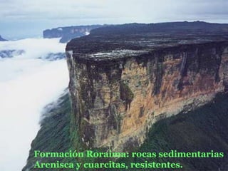 Formación Roraima: rocas sedimentarias
Arenisca y cuarcitas, resistentes.
 