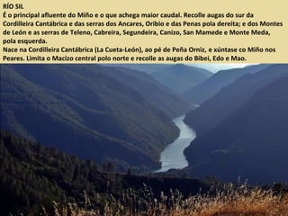 RÍO SIL
É o principal afluente do Miño e o que achega maior caudal. Recolle augas do sur da
Cordilleira Cantábrica e das serras dos Ancares, Oribio e das Penas pola dereita; e dos Montes
de León e as serras de Teleno, Cabreira, Segundeira, Canizo, San Mamede e Monte Meda,
pola esquerda.
Nace na Cordilleira Cantábrica (La Cueta-León), ao pé de Peña Orniz, e xúntase co Miño nos
Peares. Limita o Macizo central polo norte e recolle as augas do Bibei, Edo e Mao.
 