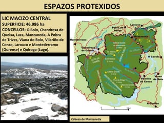 ESPAZOS PROTEXIDOS
LIC MACIZO CENTRAL
SUPERFICIE: 46.986 ha
CONCELLOS: O Bolo, Chandrexa de
Queixa, Laza, Manzaneda, A Pobra
de Trives, Viana do Bolo, Vilariño de
Conso, Larouco e Montederramo
(Ourense) e Quiroga (Lugo).
Cabeza de Manzaneda
 