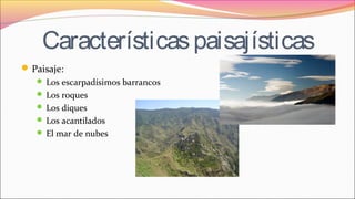 Característicaspaisajísticas
Paisaje:
 Los escarpadísimos barrancos
 Los roques
 Los diques
 Los acantilados
 El mar de nubes
 