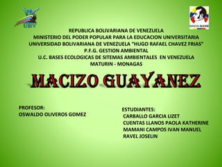 REPUBLICA BOLIVARIANA DE VENEZUELA
MINISTERIO DEL PODER POPULAR PARA LA EDUCACION UNIVERSITARIA
UNIVERSIDAD BOLIVARIANA DE VENEZUELA “HUGO RAFAEL CHAVEZ FRIAS”
P.F.G. GESTION AMBIENTAL
U.C. BASES ECOLOGICAS DE SITEMAS AMBIENTALES EN VENEZUELA
MATURIN - MONAGAS
PROFESOR:
OSWALDO OLIVEROS GOMEZ
ESTUDIANTES:
CARBALLO GARCIA LIZET
CUENTAS LLANOS PAOLA KATHERINE
MAMANI CAMPOS IVAN MANUEL
RAVEL JOSELIN
 