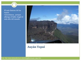 Auyán TepuiEl másfamoso de los tepuisvenezolanos,  porquealberga el Salto Angel el más alto del mundoFoto: http://www.venezuela-tours.de/photogallery/auyan_tepui.htm