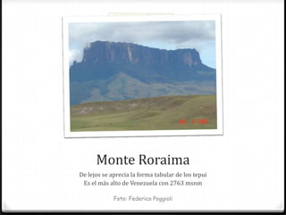Monte Roraima
De lejos se aprecia la forma tabular de los tepui
 Es el más alto de Venezuela con 2763 msnm

             Foto: Federico Poggioli
 
