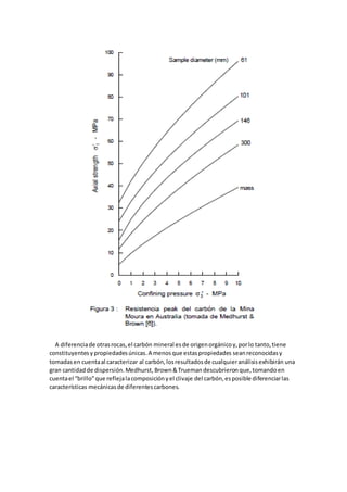 A diferenciade otrasrocas,el carbón mineral esde origenorgánicoy,porlo tanto,tiene
constituyentesy propiedadesúnicas.A menosque estaspropiedades seanreconocidasy
tomadasen cuentaal caracterizar al carbón,losresultadosde cualquieranálisisexhibirán una
gran cantidadde dispersión.Medhurst, Brown&Trueman descubrieronque,tomandoen
cuentael “brillo”que reflejalacomposiciónyel clivaje del carbón,esposible diferenciarlas
características mecánicasde diferentescarbones.
 