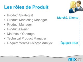 Les rôles de Produit
 Product Strategist
                                  Marché, Clients
 Product Marketing Manager
 ...