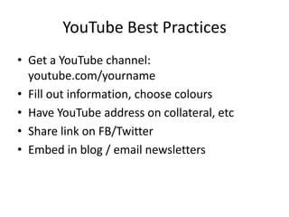 "It's not about age, it's about personality" The Plan: Nitty-GrittySocial Media is an investment of time (how much?)Start with the medium that you feel most comfortable with, move on to the next when have mastered that oneChoose someone to be your voiceRepurpose, repurpose, repurposeAll roads lead back to a central location Own your name