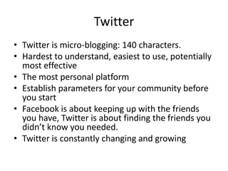 Social Marketing choicesThe BIG 5									Some of the 												othersFacebook Page							TwitterYouTube										Google+Email Service Provider					Blogs2.0 WebsiteFoursquare