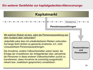 Pensionsauszahlungen Mit welchen Risken ist bzw. wäre die Pensionsauszahlung aus dem Ausland aber verbunden? Jedenfalls wäre dies mit unkalkulierbaren Risiken verbunden. Auf lange Sicht drohen so genannte  erratische , d.h. nicht voraussehbare Pensionsauszahlungen: Ein weiterer Denkfehler zur kapitalgedeckten   Altersvorsorge : Pensionistinnen und Pensionisten Kapitalmarkt Die Annahme, andere Volkswirtschaften wären bereit, die Erträge der Investitionen der Anlegerländer über Jahrzehnte als Pensionen in diese ersteren Volkswirtschaften zurück zu transferieren, diese Annahme ist (vorsichtig ausgedrückt) riskant bzw. (realistisch gesprochen) unrealistisch. Staatsgrenze 