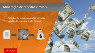 Copyright © 2017, Oracle and/or its affiliates. All rights reserved. 21
Mineração de moedas virtuais
21
• Criação de novas moedas virtuais
• Validação da cadeia de blocos
 