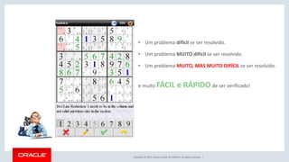 Copyright © 2017, Oracle and/or its affiliates. All rights reserved. |
• Um problema difícil se ser resolvido.
• Um problema MUITO difícil se ser resolvido.
• Um problema MUITO, MAS MUITO DIFÍCIL se ser resolvido.
e muito FÁCIL e RÁPIDO de ser verificado!
 