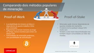 Copyright © 2017, Oracle and/or its affiliates. All rights reserved. 26
Comparando dois métodos populares
de mineração
Proof-of-Work
• A probabilidade de minerar um bloco é
dependente de quanto trabalho é feito
pelo minerador
• Pagamentos se tornam menores ao longo
do tempo, menos incentivo para evitar um
ataque 51%
• Comunidades de mineração poderosas,
com possibilidade de centralização
Proof-of-Stake
• Minerador pode minerar dependendo de
quantas moedas ele mantenha
• O sistema torna qualquer ataque 51%
muito caro
• Tendem a uma maior descentralização mas
também requer comunidades ao redor das
moedas.
 