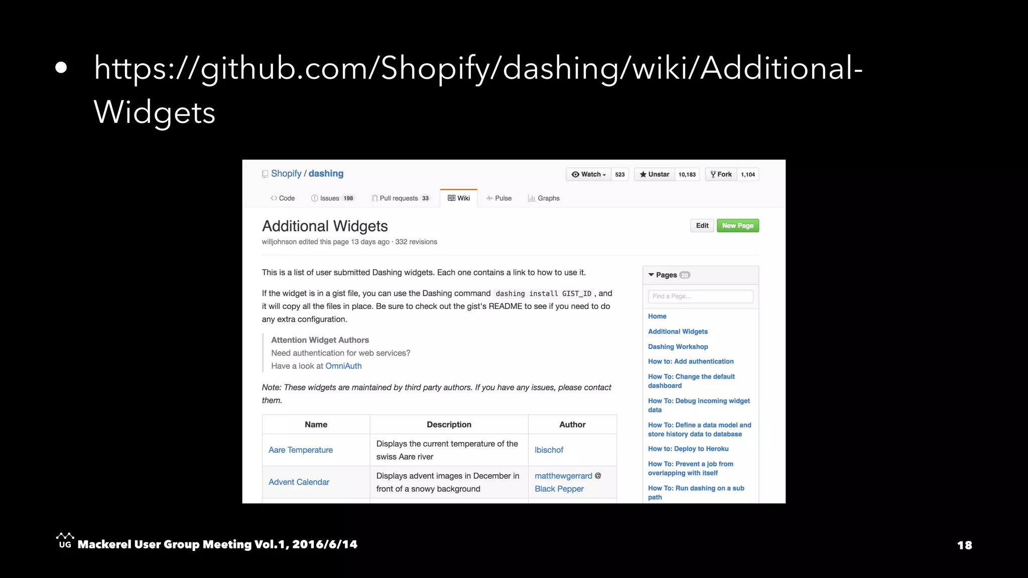 • https://github.com/Shopify/dashing/wiki/Additional-
Widgets
Mackerel User Group Meeting Vol.1, 2016/6/14 18
 